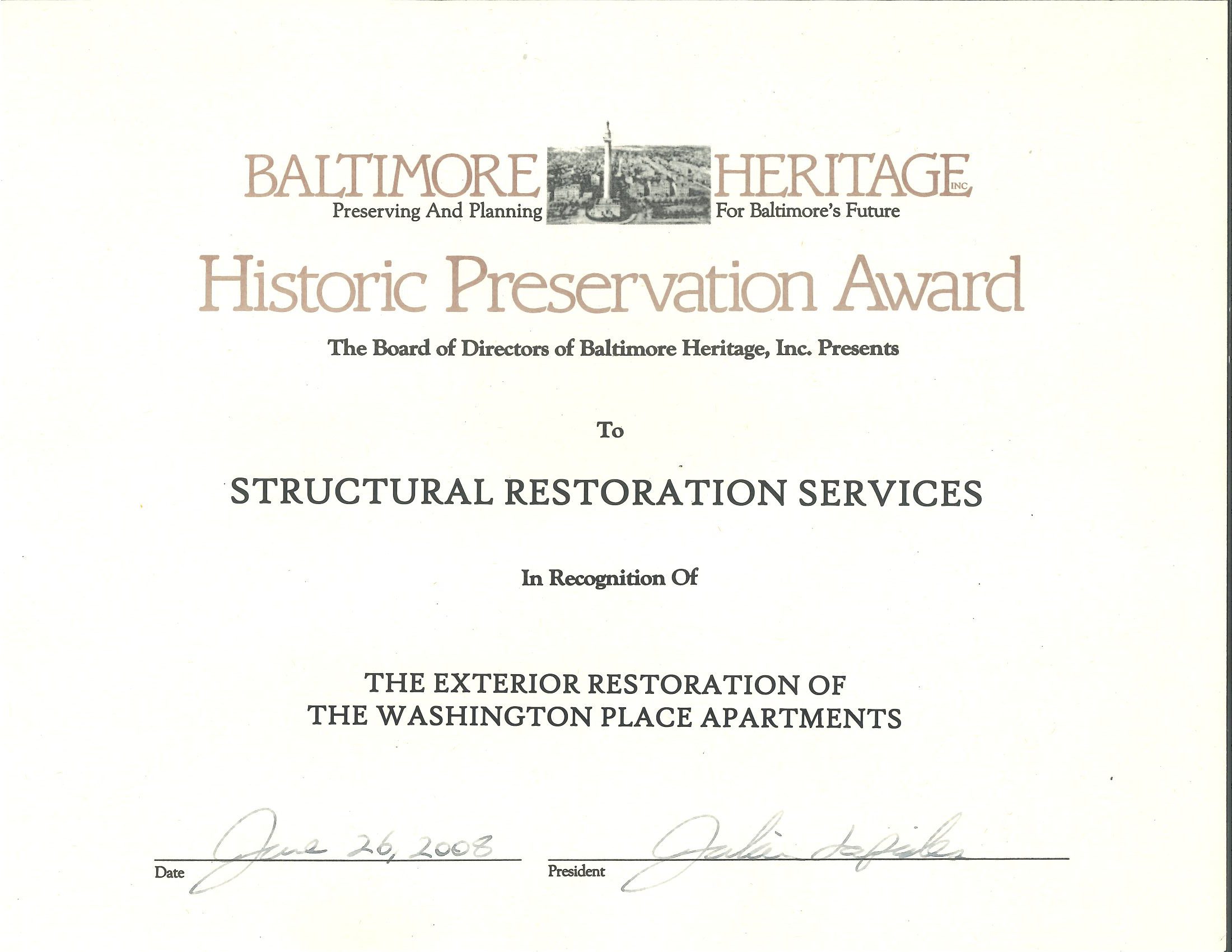 Baltimore Heritage letter congratulations in completing work on the Washington Place Apartments