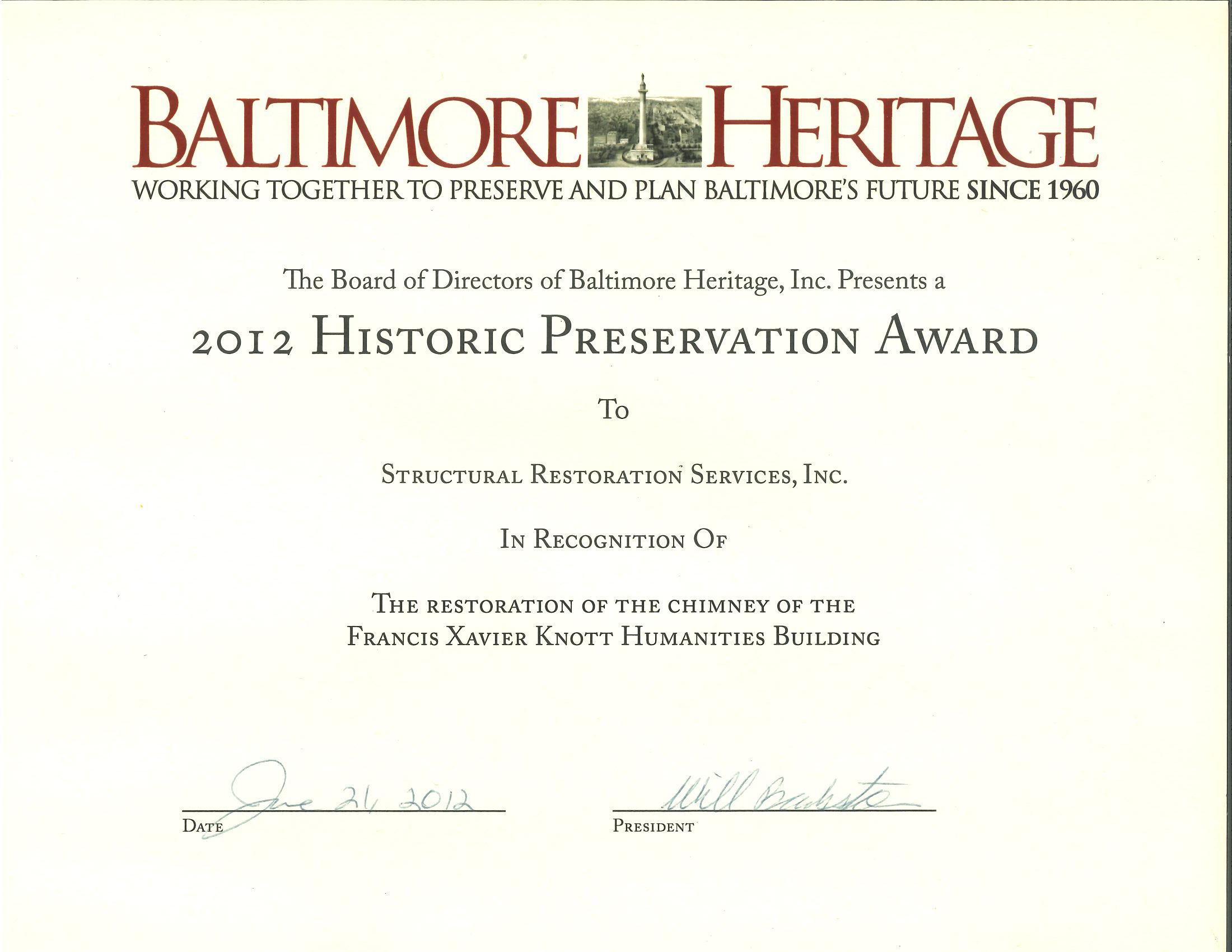 Baltimore Heritage presents 2012 Historic Preservation Award to Structural Restoration Services