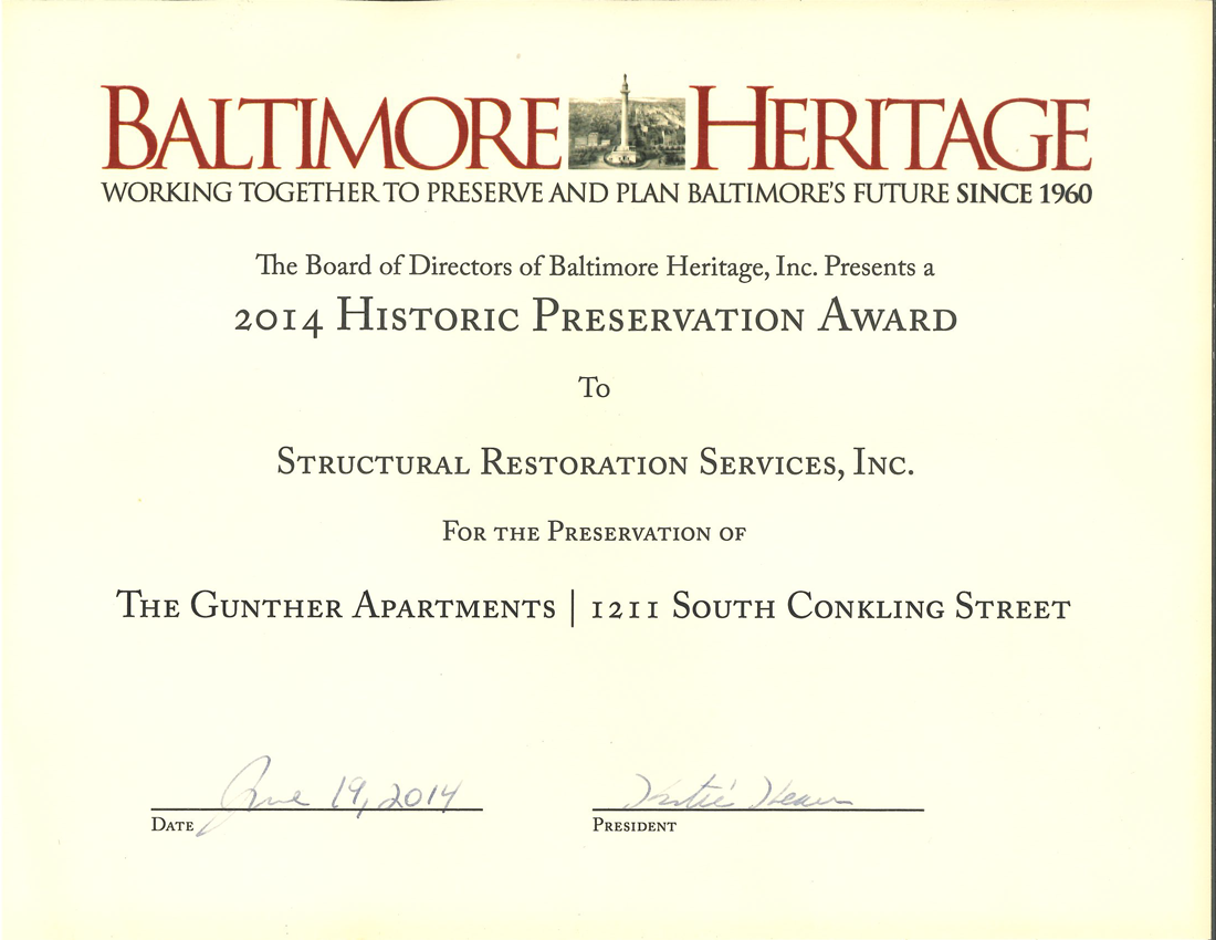 Baltimore Heritage 2014 Historic Preservation Award for The Gunther Apartments preservation