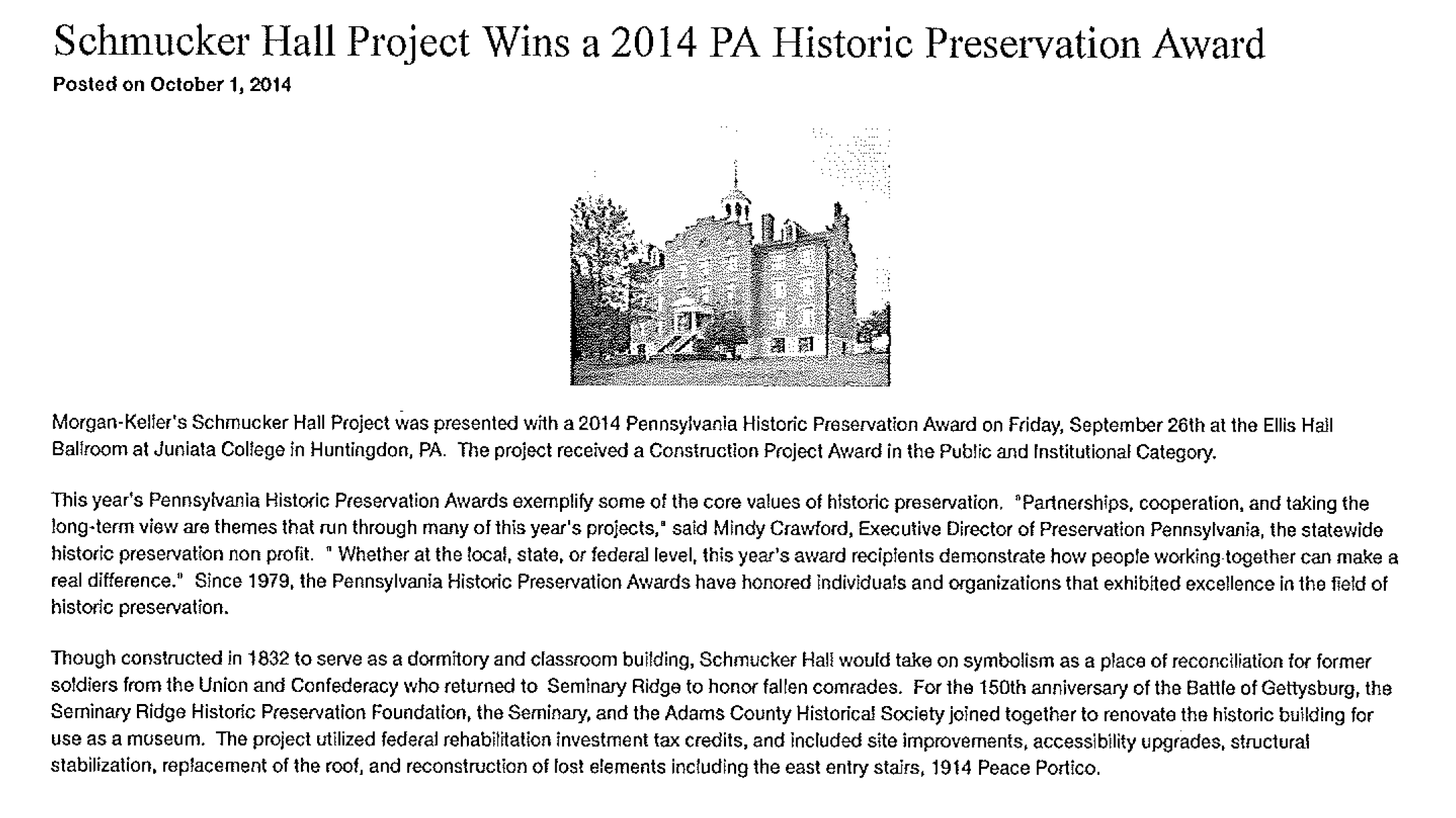 Smucker Hall Project Wins a 2014 PA Historic Preservation Award