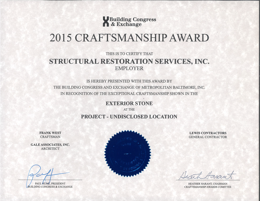 Building Congress & Exchange 2015 Craftsmanship Award certified to Structural Restoration Services, Inc