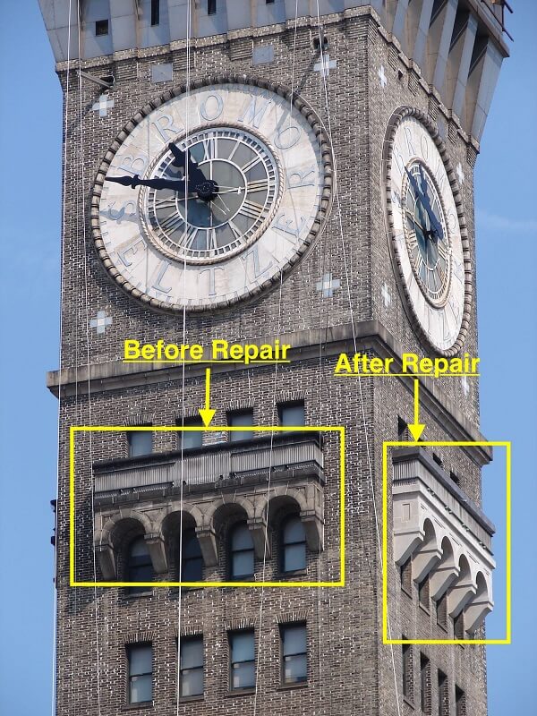Before and after repair on a clocktower